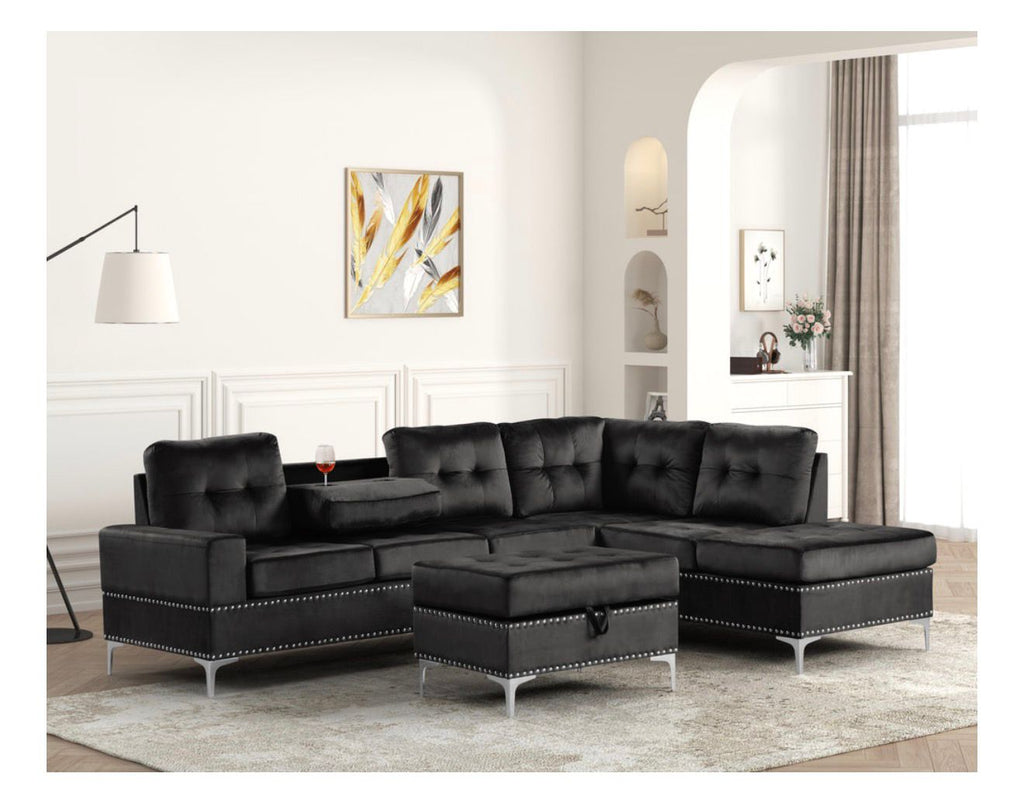 Anserra Black Reversible Sectional + Ottoman Set