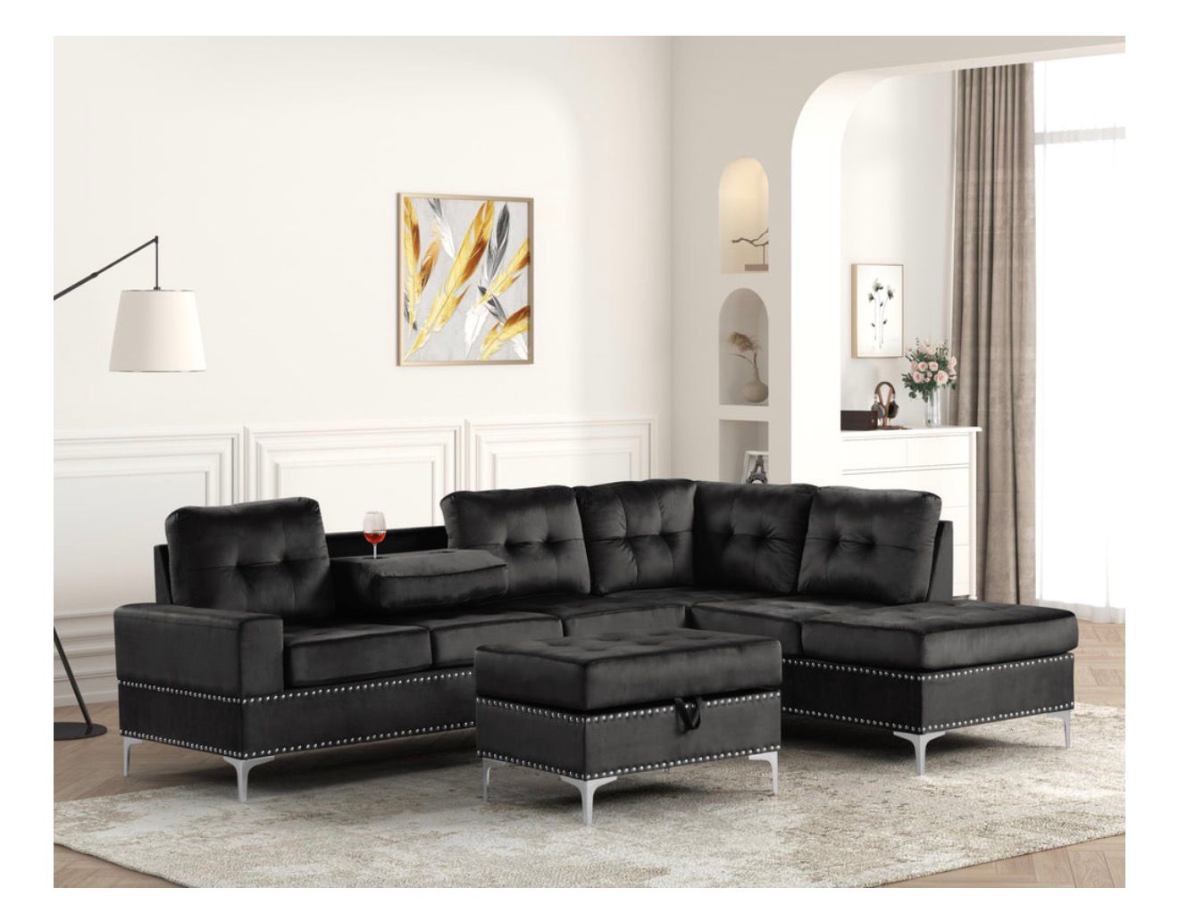 Anserra Black Reversible Sectional + Ottoman Set